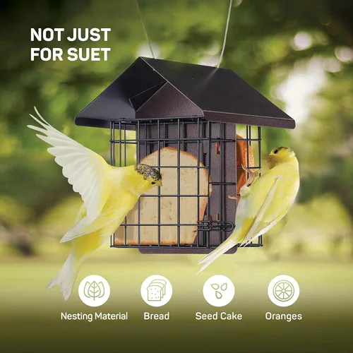 Vista 8 de Comedero para pájaros de sebo para exteriores [doble capacidad] Comedero para pájaros silvestres con techo de metal colgante, comedero de sebo