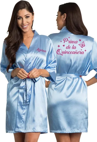 Vista 3 de Zynotti Batas de satén de quinceañera personalizadas con purpurina para toda la familia, bata de quinceañera