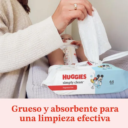 Vista 3 de Huggies Simply Clean Toallitas para Bebé Sin Fragancia, 1 Paquete con Tapa Abatible (64 Toallitas en Total), el Empaque Puede Variar