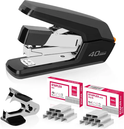 Vista 11 de Deli Engrapadora, grapadoras sin esfuerzo para escritorio, grapadoras resistentes, color negro 40 Sheet Capacity,One Touch , No Effort, Easy to