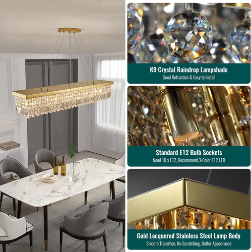 Vista 8 de Lámpara rectangular moderna de cristal dorado de 47 pulgadas para Montaje colgante