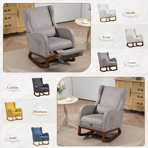 Vista 7 de Mecedora moderna para guardería, cómoda silla mecedora con reposapiés, sillón de lectura acentuado con almohada y bolsillo, mecedora tapizada