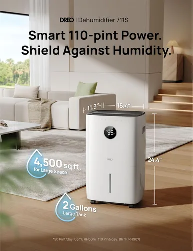 Vista 2 de Dreo 711S - Deshumidificador inteligente de 110 pintas para sótano, 4500 pies cuadrados para habitación grande, tanque de agua de 2 galones