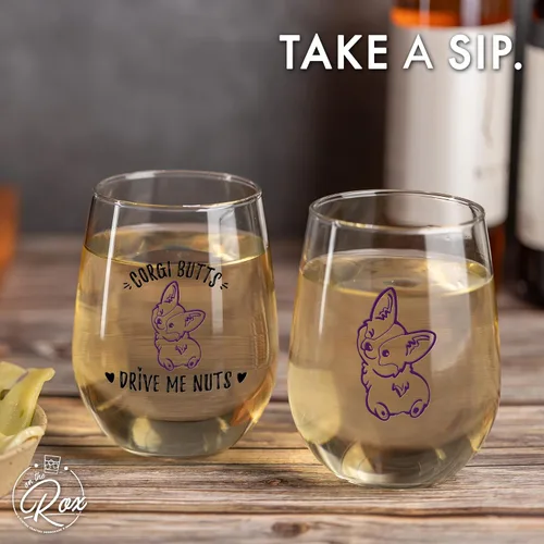 Vista 4 de On The Rox Corgi Gifts - Corgi B*tts Drive Me Nuts - Juego de 2 copas de vino sin tallo de 15 onzas