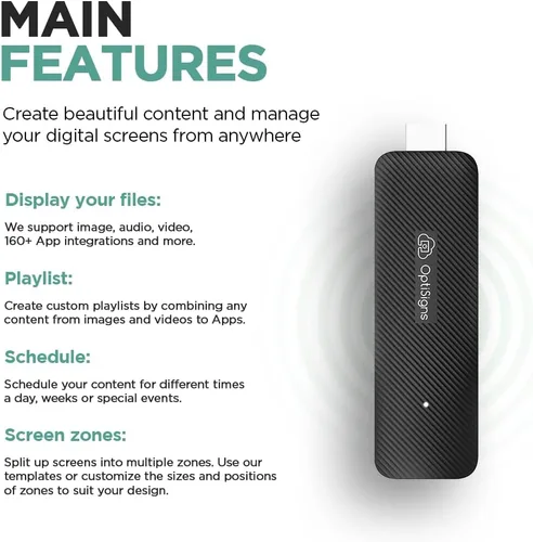 Vista 4 de OptiSigns OptiStick Reproductor de Señalización Digital - Basado en Android Stick 4K UHD HDMI, Quad Core, WiFi/Ethernet, Gestión Remota de Pantalla