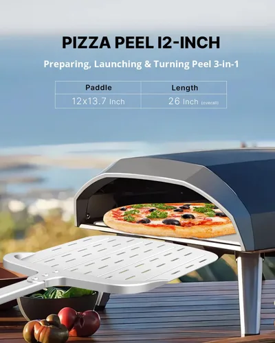 Vista 3 de Pala de pizza de 12 pulgadas, pala de aluminio para pizza (12 x 13.7 pulgadas) con diseño perforado y mango resistente al calor, herramienta