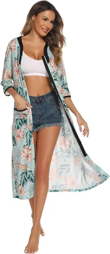 Vista 5 de Hellomamma Bata con cremallera para mujer, manga 34, vestido de descanso, longitud completa, bolsillos, bata de baño larga