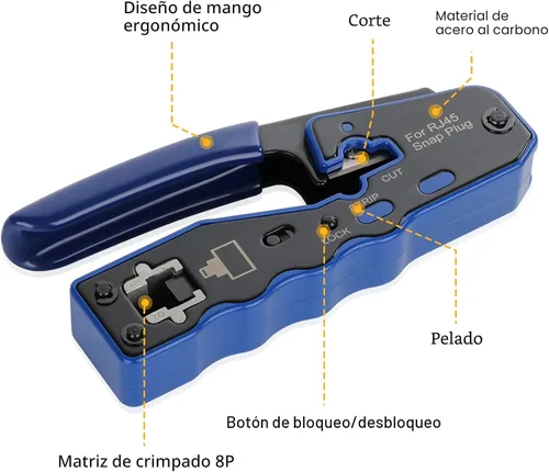Vista 5 de Kit de herramientas de crimpado RJ45 para conectores modulares Cat5e Cat6 Cat6a 8P8C, herramienta de crimpado Ethernet todo en uno y probador