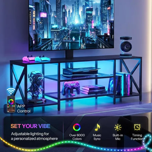 Vista 2 de HOOBRO Soporte de TV con soporte y toma de corriente, centro de entretenimiento LED con soporte giratorio para TV de 32/45/55/60/65/70/75 pulgadas