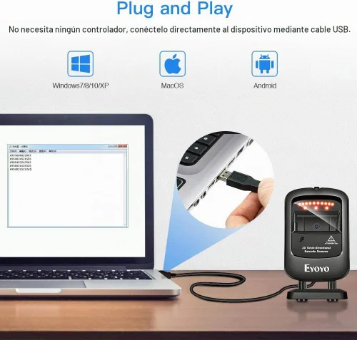 Vista 9 de Eyoyo Omnidireccional Manos Libres 1D 2D Escritorio USB con cable Escáner de código de barras Automatic Image Sensing, Capture Barcodes from