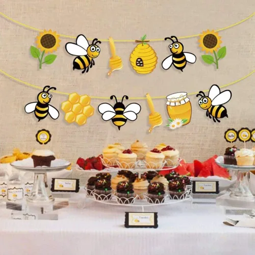 Vista 3 de Banner de abeja para jardín, suministros de fiesta, baby shower, decoración de hadas de abejorros para niñas, niños, adultos, hogar, aula, escuela