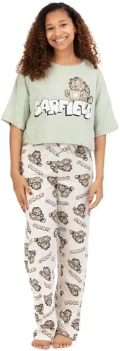 Vista 3 de Garfield Pijama para mujer Camiseta verde perezosa para adultos y mujeres con pantalones largos color crema, mercancía de película