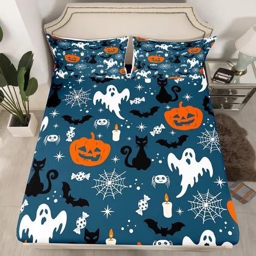 Vista 10 de Juego de sábanas bajeras con bonito diseño de gato negro para niños y niñas, diseño de dibujos animados de Halloween, gato, animales, sábanas