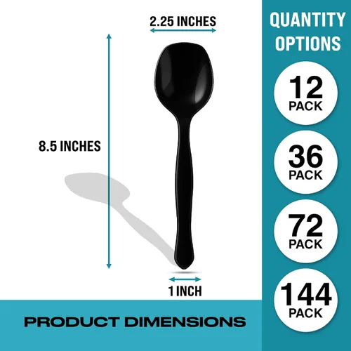 Vista 3 de Cucharas de plástico negro de 8.5 pulgadas para bufé, 36 unidades a granel, cuchara desechable resistente, utensilios de plástico grandes