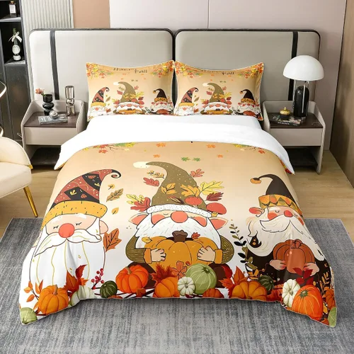 Vista 9 de Juego de funda de edredón de calabaza de otoño 100 % algodón, juego de ropa de cama de cosecha de Acción de Gracias para niños, niñas, adolescentes