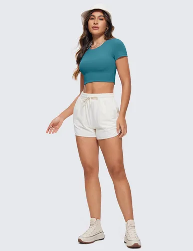 Vista 4 de CRZ YOGA Butterluxe - Camiseta corta de manga corta con doble forro para mujer, cuello redondo, casual, para entrenamiento, bonita camiseta básica
