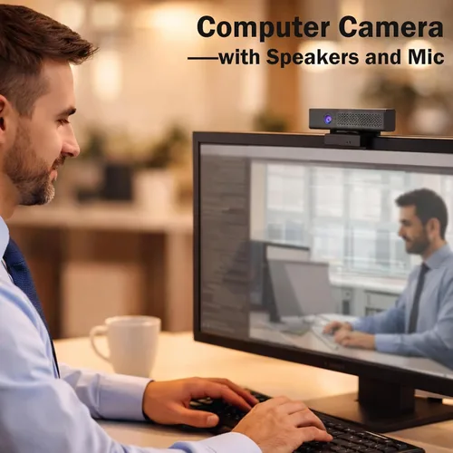 Vista 9 de ROTOPATA Cámara web de conferencia 3 en 1 Full HD 1080P con altavoz y 4 micrófonos USB Web Cam With 90° FOV, Magnet Privacy Cover, 3W Speaker