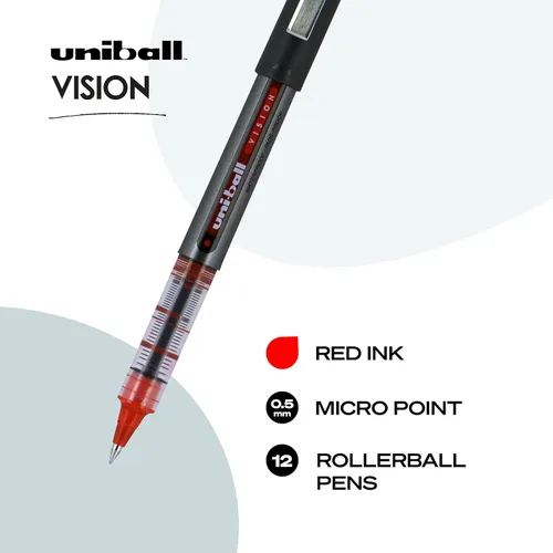 Vista 2 de Uniball Vision - Bolígrafo de punta rodante, en barra, micro 0.020 in, tinta roja, barril gris/rojo, docena (paquete de 12)