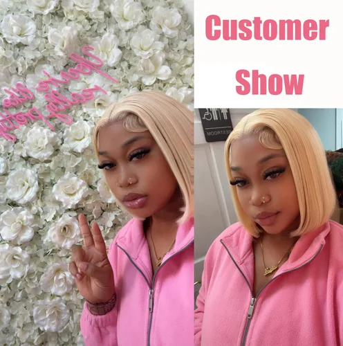 Vista 7 de Peluca de cabello humano rubio estilo Bob de 13 x 4 con encaje frontal, peluca Bob de 10 pulgadas 613 Lace Front Wig Human Hair Pre Plucked With
