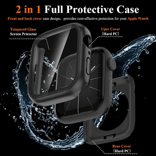 Vista 2 de YMHML - Funda impermeable para Apple Watch Series 9 de 1.772 pulgadas, protector de pantalla de vidrio templado 360, cubierta frontal