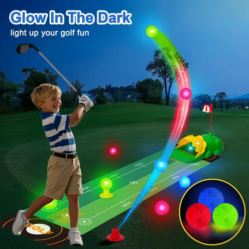 Vista 3 de Juego de golf para niños mejorado con palos de golf para niños con dinosaurio, devueltor automático de golf para niños pequeños con bolas luminosas
