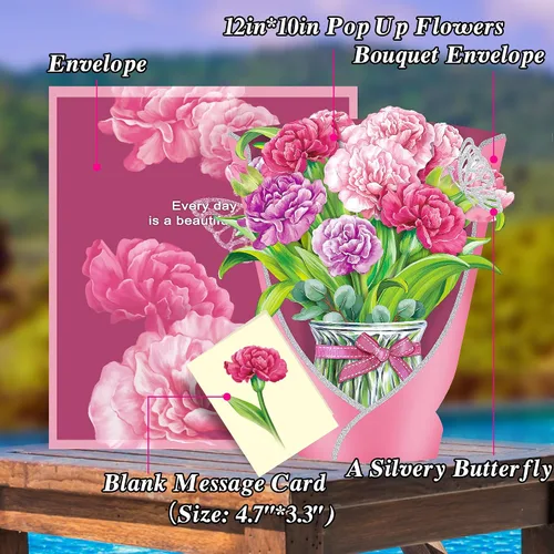Vista 8 de Airpark - Tarjeta desplegable de flores 3D, tarjeta de felicitación – Claveles rosas – Para mamá, abuela – Ideal para el Día de la Madre