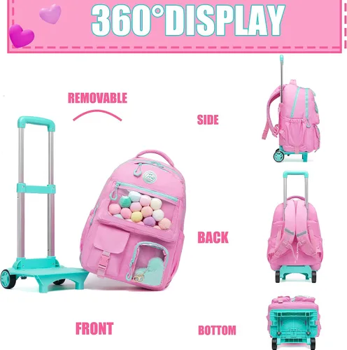 Vista 5 de Mochila con ruedas para niñas, mochila con ruedas, mochilas para primaria con lonchera y equipaje, Rosado, Estética
