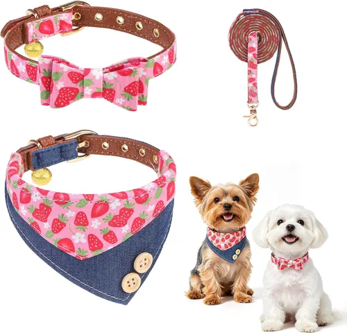 Vista 9 de BINGPET Juego de collar y correa para cachorro con pajarita, pañuelo a Beige
