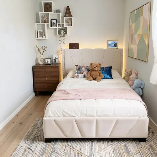 Vista 8 de EnHomee Base de cama de plataforma individual con cabecera ajustable tapizada de terciopelo, luces LED y estación de carga para dormitorio, Beige