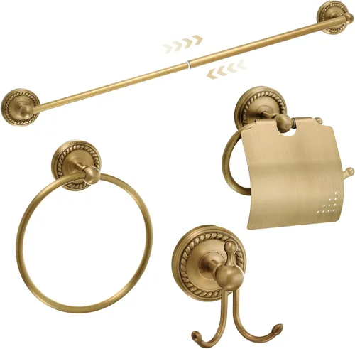 Vista 12 de Juego de 4 Piezas de Accesorios de Baño de Latón Antiguo Dorado Montados en la Pared Toallero y Anillo para Toallas y Portapapel Higiénico y Gancho
