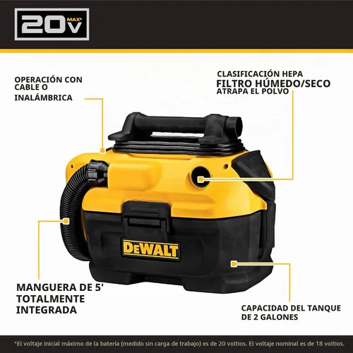 Vista 2 de DeWalt DCV581H Aspiradora para agua y polvo con cable o inalámbrica con batería de 18/20 voltios MAX