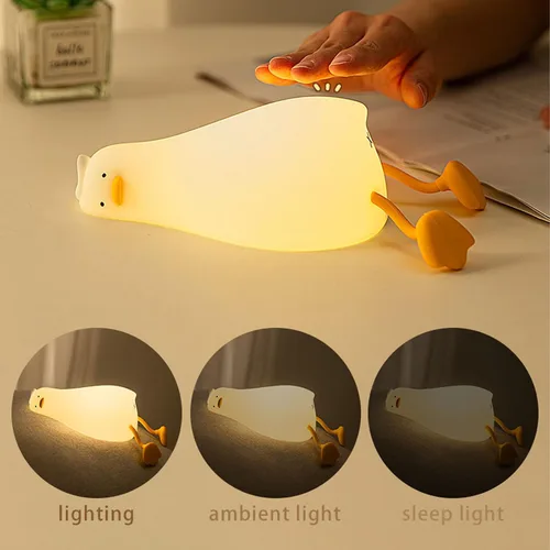 Vista 2 de Linda luz nocturna de pato plano, control táctil, recargable tipo C, lámpara de pato, lindo pato iluminado