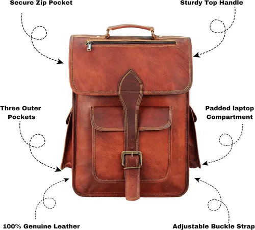 Vista 4 de Mochila para portátil de cuero genuino de grano superior para hombres y mujeres, mochila vintage hecha a mano, mochila de viaje, regalo para hombres