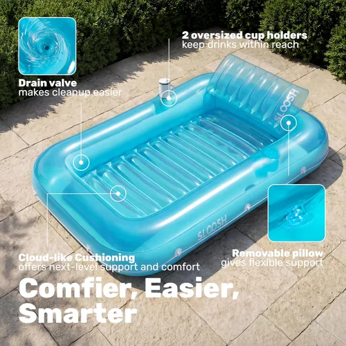 Vista 4 de SLOOSH Flotador inflable, camastro para adultos, con almohada, 178 x 117 cm, 4 en 1: balsa-tina bronceadora, camastro para tomar el sol, fiestas Azul