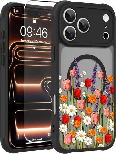 Vista 82 de OOK Funda magnética para iPhone 13 Pro Max [compatible con MagSafe] Funda delgada translúcida mate con flor silvestre negra, protección para lente