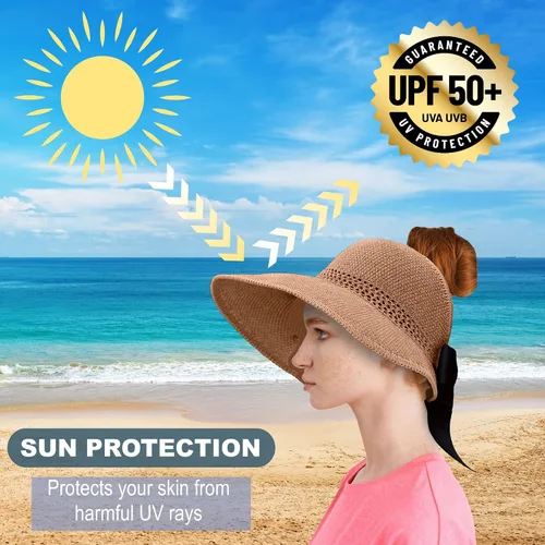 Vista 3 de Visera solar de paja para mujer, ala ancha, protección UPF 50+, sombrero de playa, ajustable, plegable, gorra de cola de caballo con correa
