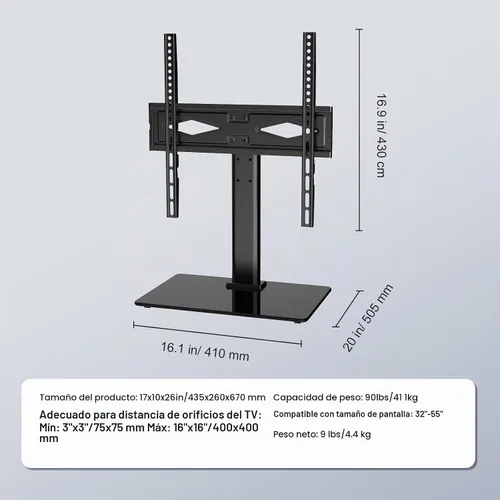 Vista 7 de VEVOR Soporte universal para TV de 32 a 55 pulgadas, soporte giratorio de altura ajustable con base de vidrio templado para dormitorio, sala de estar