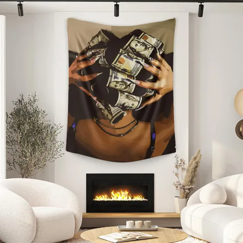 Vista 5 de FADALO Tapiz de mujeres negras afroamericanas, tapiz de arte con dinero de niña negra, tapices de pared de tendencia retro para colgar en la pared