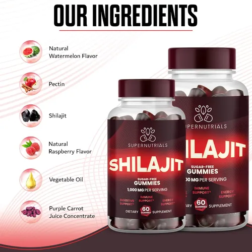 Vista 3 de Paquete de 2 gomitas Shilajit del Himalaya, 1000 mg cada una, 60 gomitas veganas sin azúcar por botella, orgánicas, sin OMG, energía, enfoque