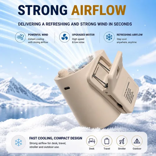 Vista 3 de Ventilador portátil con clip para paraguas, ventilador personal recargable Caqui claro