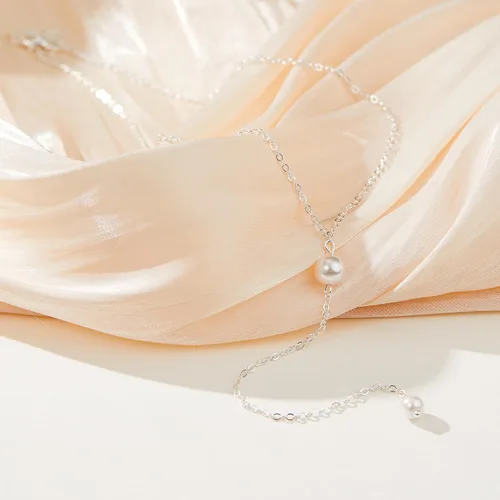 Vista 6 de Collares de perlas de plata para mujer, chapado en oro de 14 quilates, delicado, simple, gargantilla de gota en Y, collar de perlas blancas