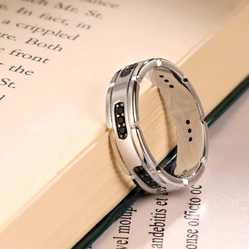 Vista 6 de Anillo de boda de oro blanco para hombre, plata de ley 925 con 13 circonitas cúbicas de corte redondo, anillo de compromiso para él, talla 7-14