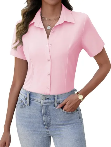 Vista 13 de Zeagoo Camisas de vestir de manga corta con botones para mujer, blusas básicas de trabajo con cuello de negocios