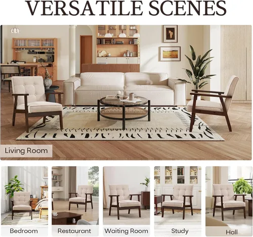 Vista 5 de Bonzy Home - Silla con acentos modernos de mediados de siglo, sillón tapizado de tela con marco de madera maciza, cómoda silla de ocio retro