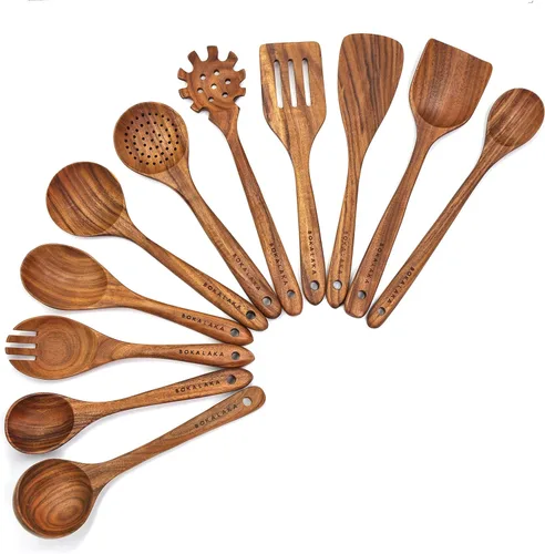 Vista 8 de Juego de utensilios de cocina de madera de teca, 7 piezas, utensilios de cocina de madera, incluye espátula