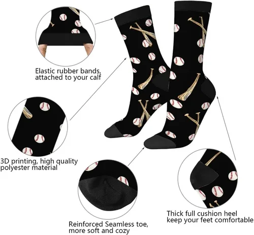 Vista 3 de AOYEGO Calcetines divertidos de béisbol de madera con diseño de murciélago y pelota, diseño de color de contraste para mujeres y hombres, regalo