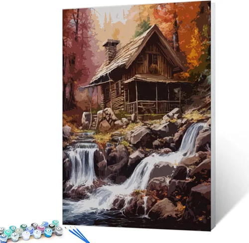 Vista 3 de Tucocoo Pintar por números de cabina en otoño, pintura sobre lienzo, pintura con pinceles, pinturas acrílicas, perfecta para pintar por números
