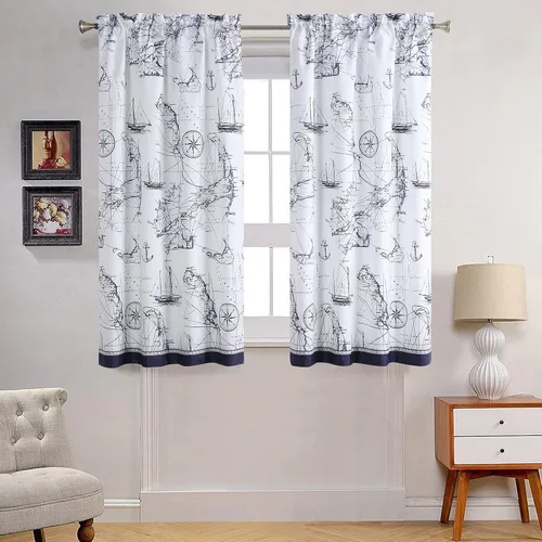 Vista 15 de Juego de 3 cortinas de cocina de tela de poliéster estampada azul aviación océano moderno impermeable blanco, cenefa de 42" de ancho x 12" de largo