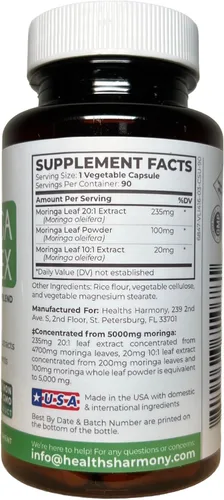 Vista 3 de Cápsulas de Moringa (Suministro para 3 meses) Alta Potencia - Mezcla Avanzada: Extracto de Hoja 20:1 235mg Polvo de Hoja 100mg Extracto de Hoja 10:1