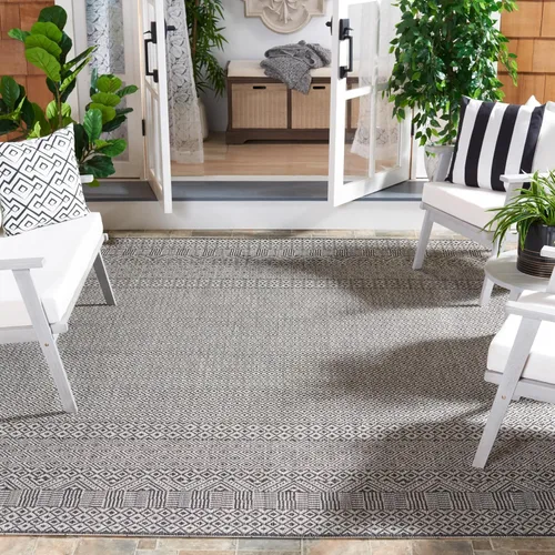 Vista 29 de SAFAVIEH Alfombra lavable al aire libre, colección Courtyard - 2'3" x 5', gris y negro, no desprende pelusa y fácil limpieza, ideal para patio